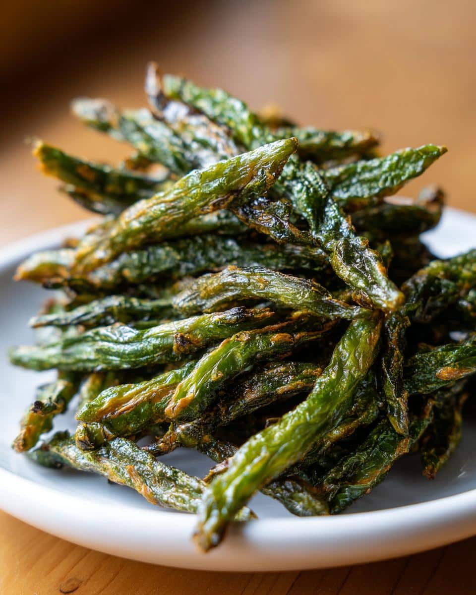 Close-up of a pile of dehydrated or baked green bean crunchies for dogs served on a white plate.