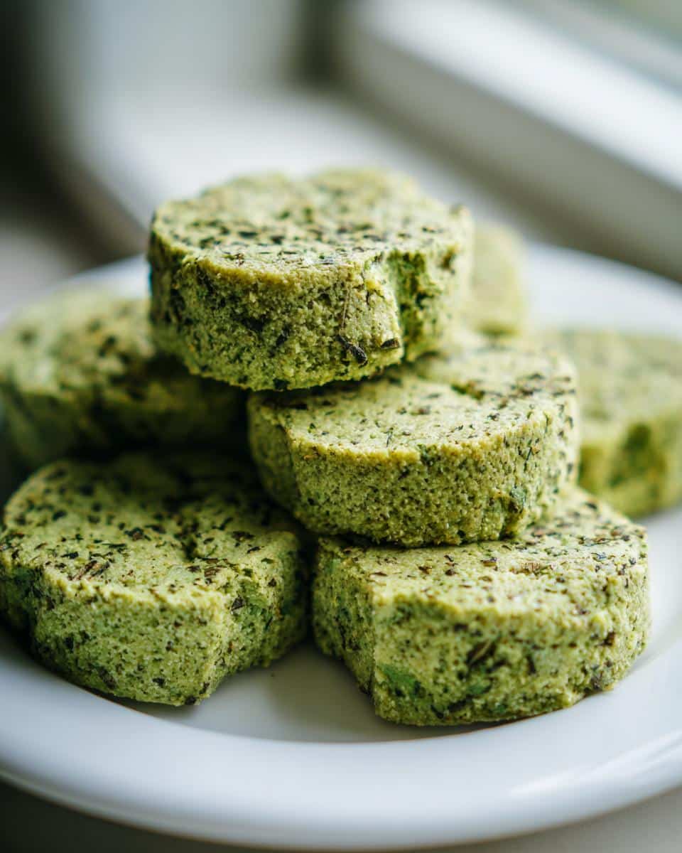 Close-up of stacked, round, green mint pet treats with visible specks of dried herbs on a white plate.