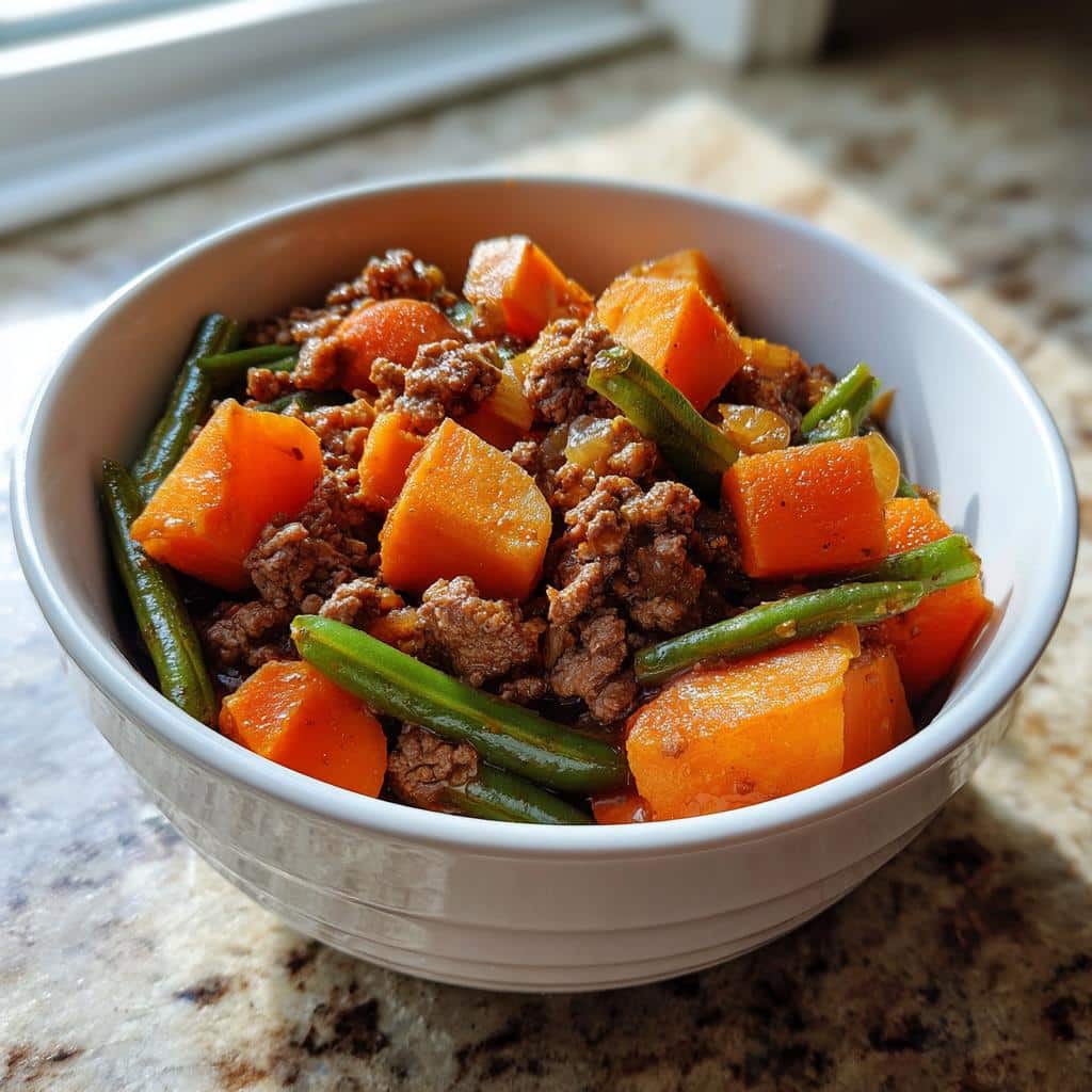 Close-up of a white bowl filled with homemade beef stew for dogs, featuring ground beef, bright orange sweet potatoes, and green beans.