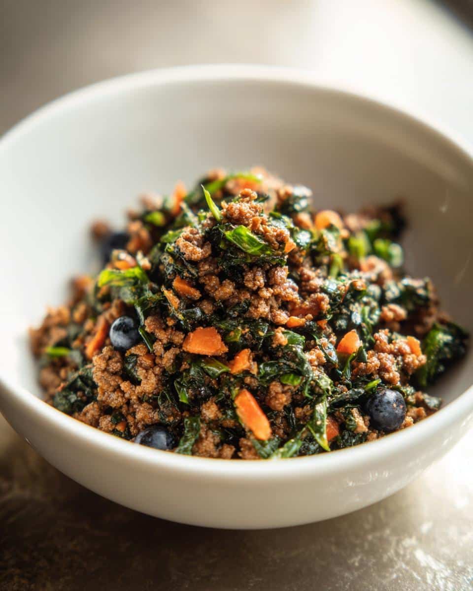 Close-up of a bowl containing ingredients for raw dog food recipes: ground meat, chopped kale, carrots, and blueberries.