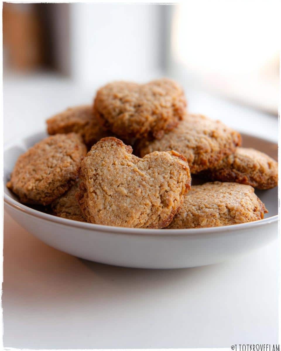 A pile of freshly baked, heart-shaped Dog Biscuits stacked in a light-colored bowl.