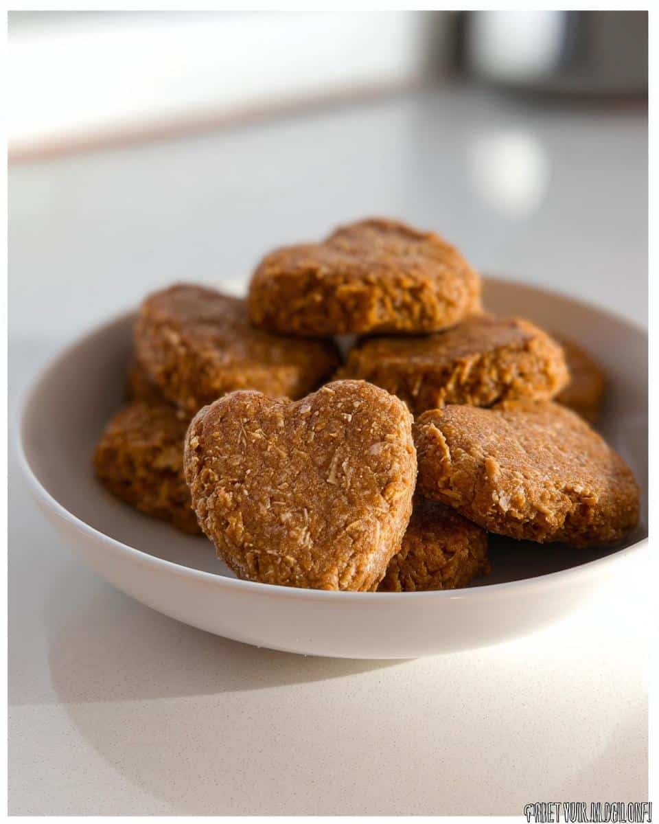 A pile of homemade, heart-shaped Dog Biscuits resting in a white bowl on a light countertop.