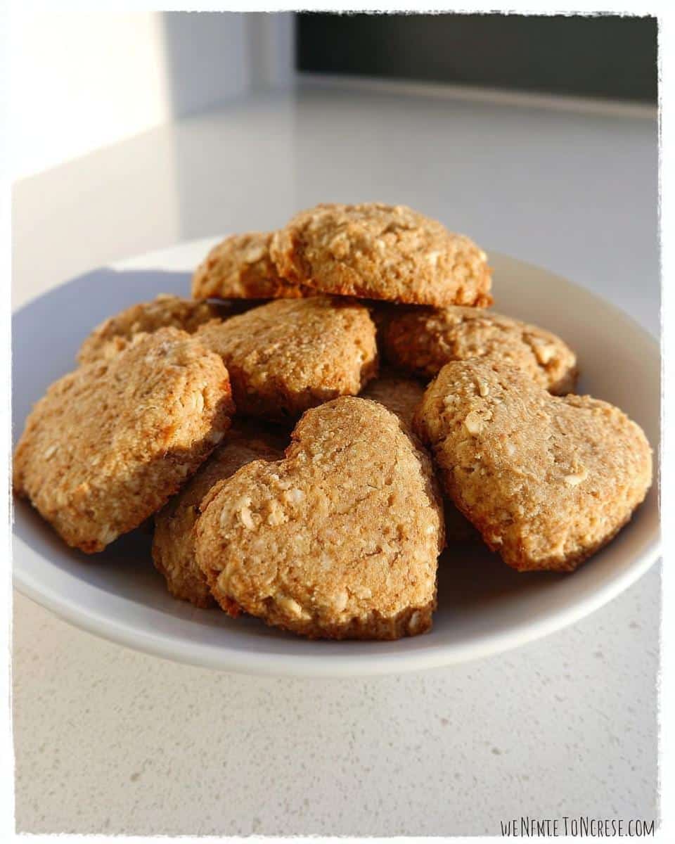 A pile of freshly baked, heart-shaped Dog Biscuits resting in a white bowl, catching the sunlight.