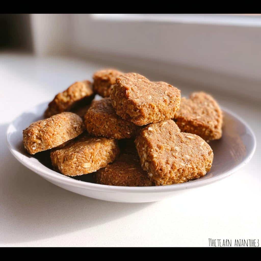 A white bowl filled with homemade, heart-shaped Dog Biscuits made from oats and natural ingredients.