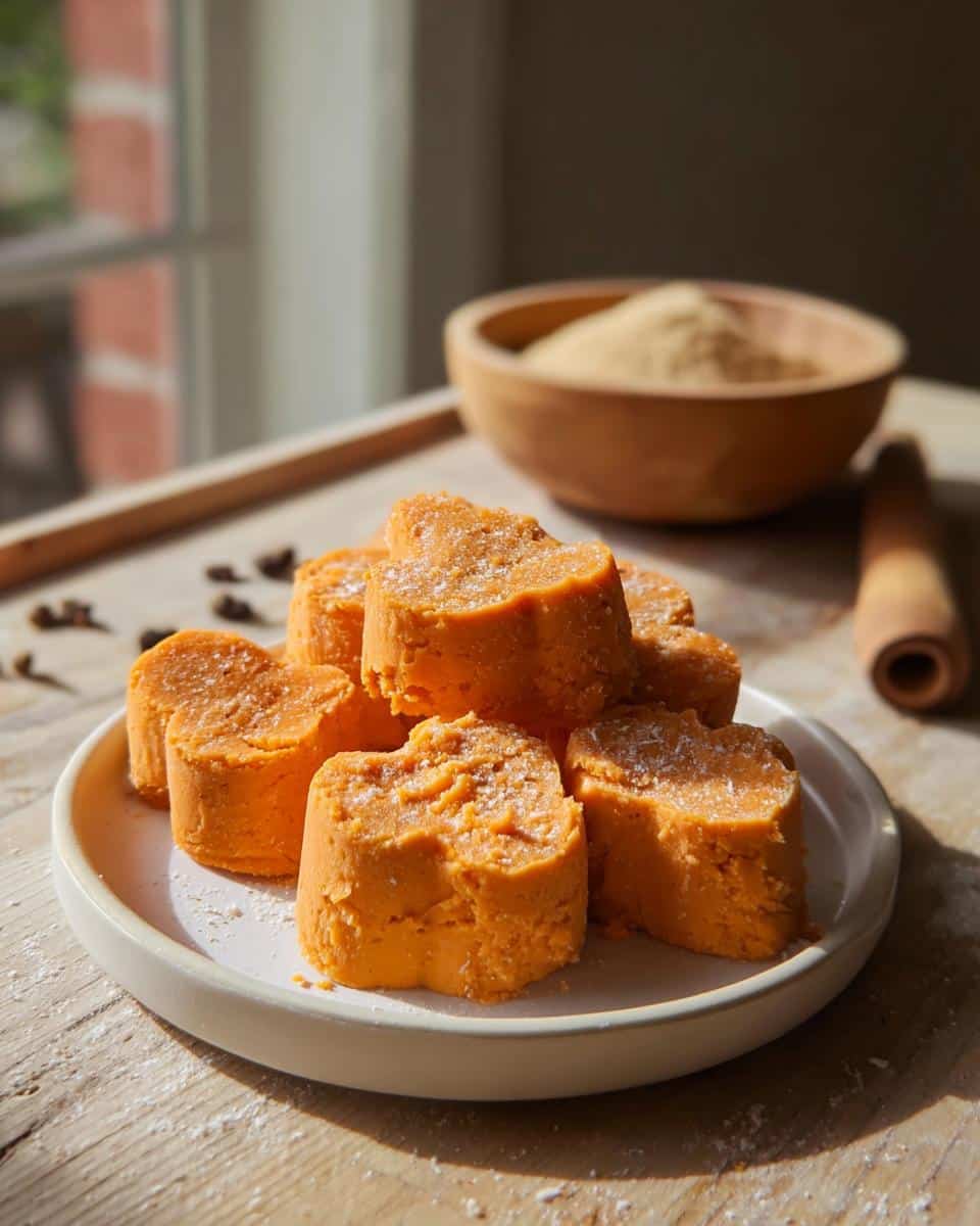 Stack of bright orange, heart-shaped frozen pumpkin and yogurt treats dusted with powder.