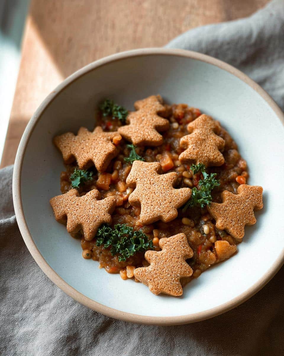 Close-up of Holiday Themed Dog Treats shaped like Christmas trees served atop a savory stew.