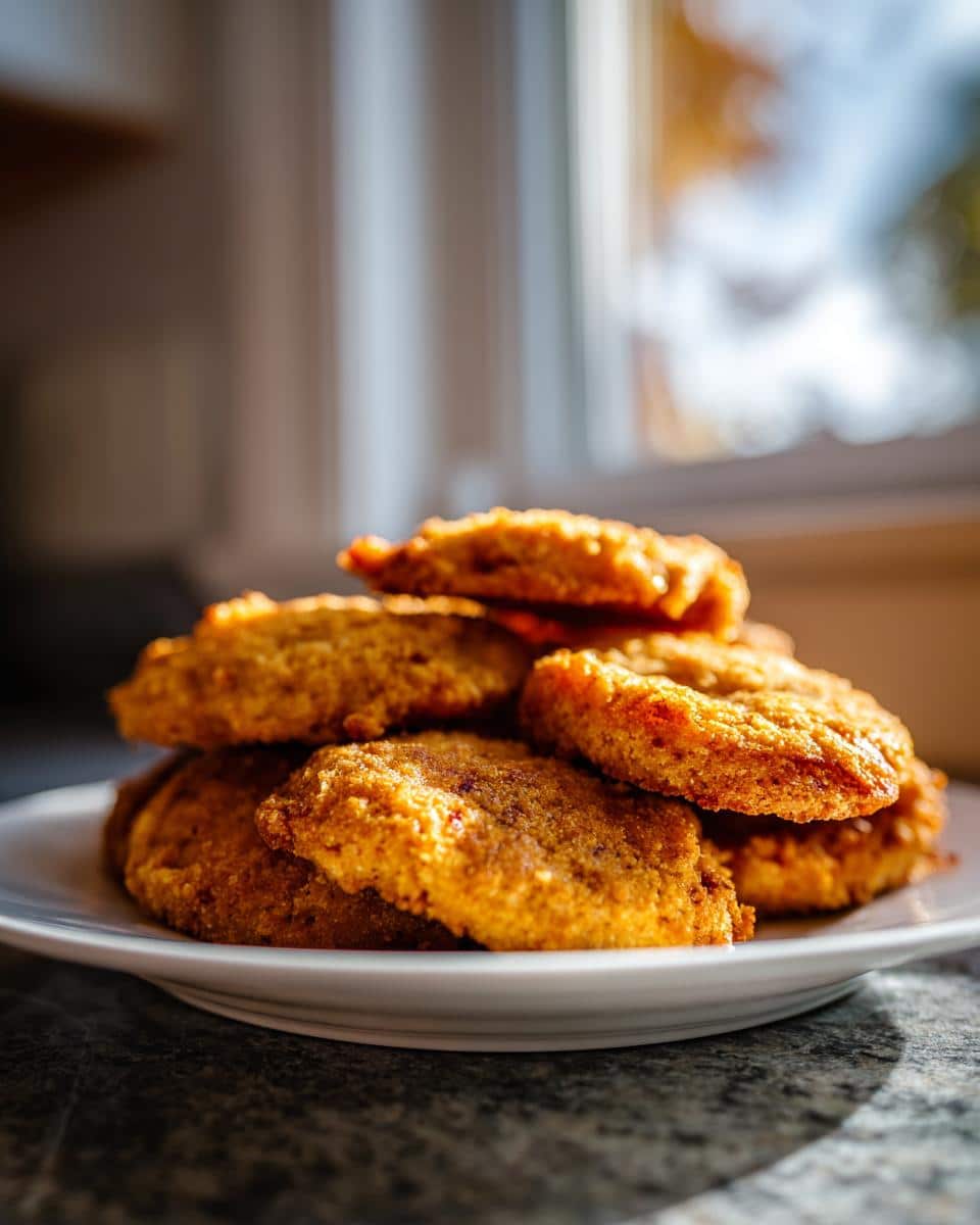 A close-up, warmly lit stack of golden brown homemade bacon dog treats resting on a white plate.