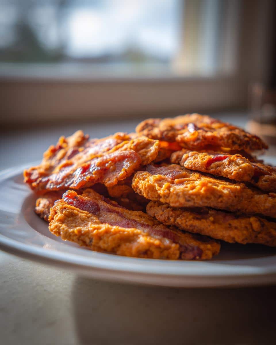 A close-up stack of freshly baked bacon dog treats piled high on a white plate, catching warm sunlight.