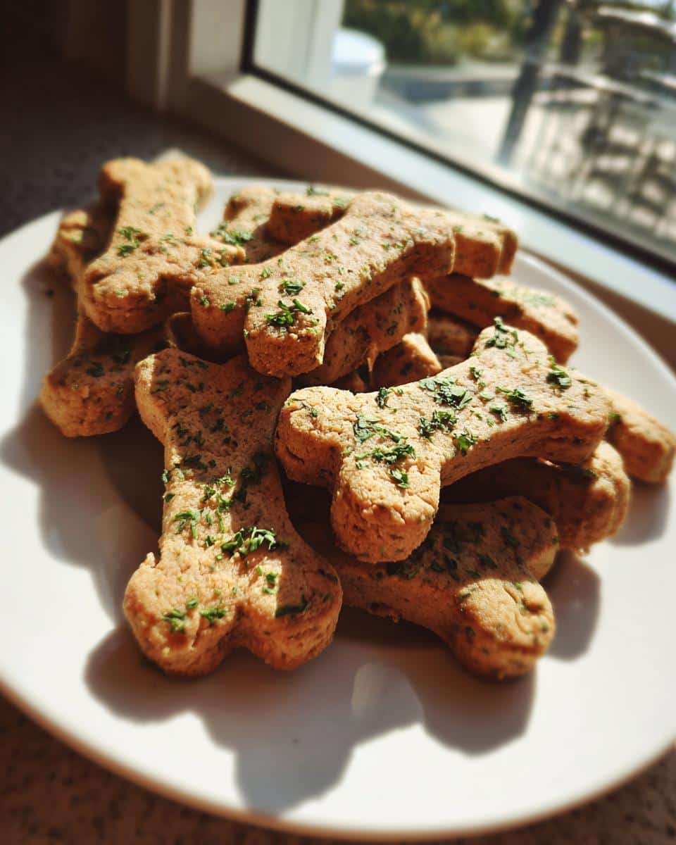 Pile of homemade bone-shaped dog treats sprinkled with parsley, related to Greenies for dogs : Fresh Breath & Clean Teeth.