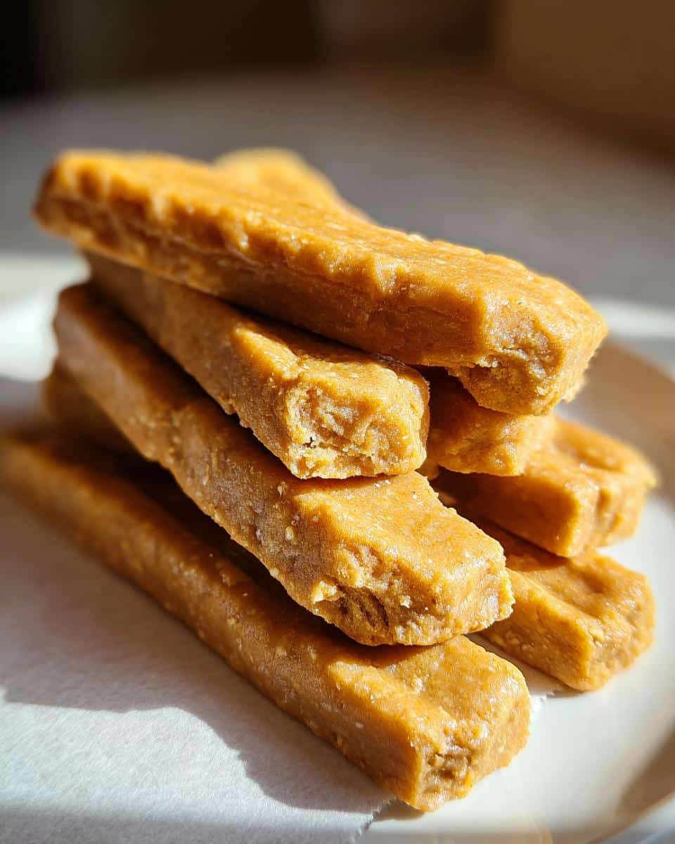 A stack of golden-brown, firm, rectangular homemade Dog Chew Recipe sticks resting on a white surface.