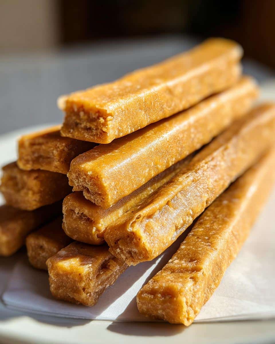 A close-up stack of golden-brown, rectangular homemade Dog Chew Recipe sticks resting on a white surface.