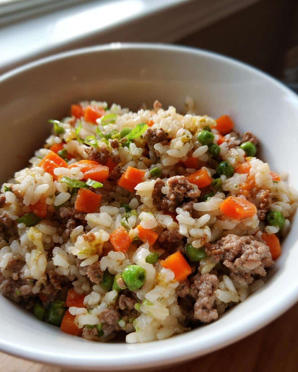 Close-up of homemade dog food with beef and turkey mixed with rice, carrots, and peas in a white bowl.