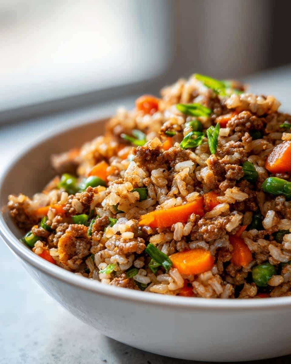 Close-up of homemade dog food with beef and turkey mixed with rice, carrots, and peas in a white bowl.