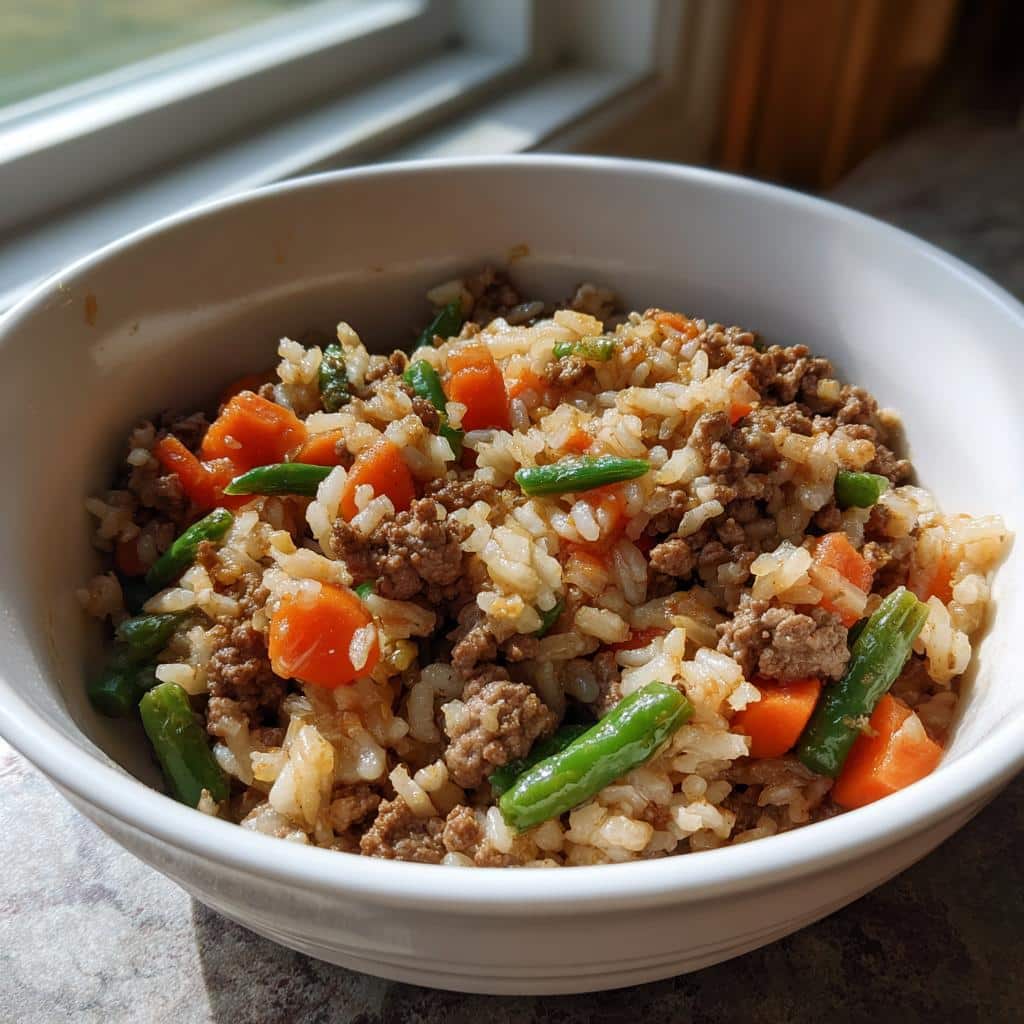 A white bowl filled with homemade dog food with beef and turkey, mixed with rice, carrots, and green beans.
