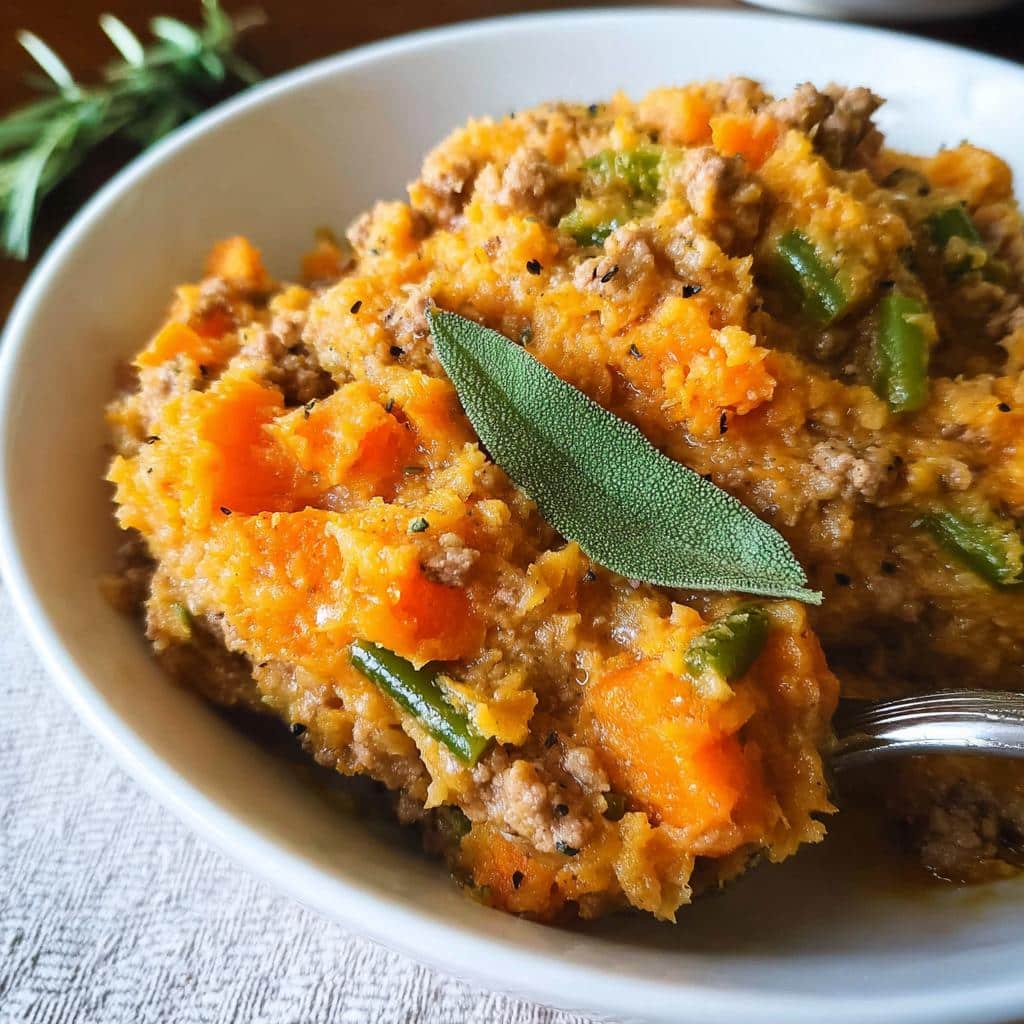 Close-up of a serving of Homemade Dog Food in the Crockpot, featuring mashed sweet potato, ground meat, and green beans, garnished with sage.
