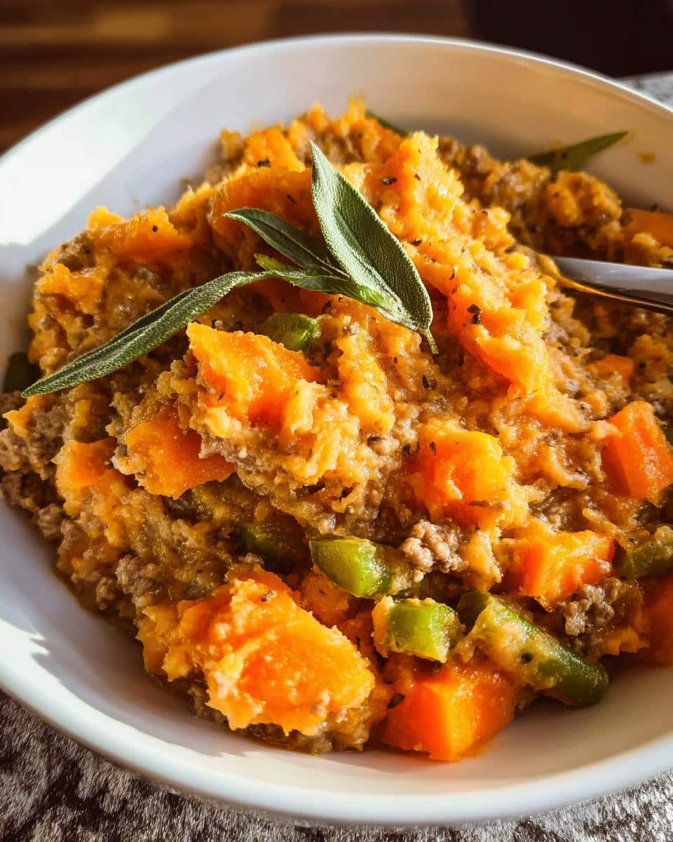 Close-up of Homemade Dog Food in the Crockpot featuring ground meat, sweet potato chunks, and green beans, garnished with sage.