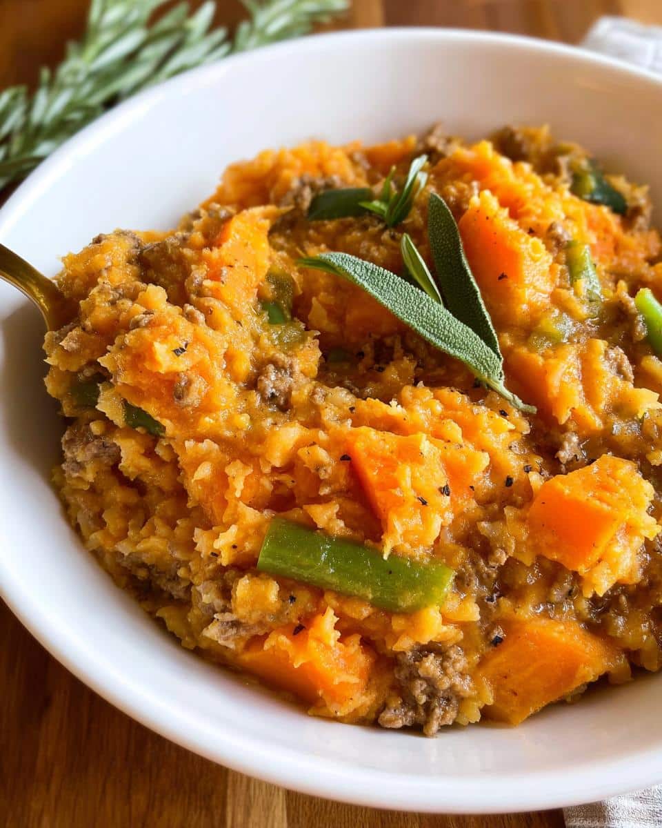 Close-up of a bowl containing Homemade Dog Food in the Crockpot, featuring sweet potato mash, ground meat, and green beans.