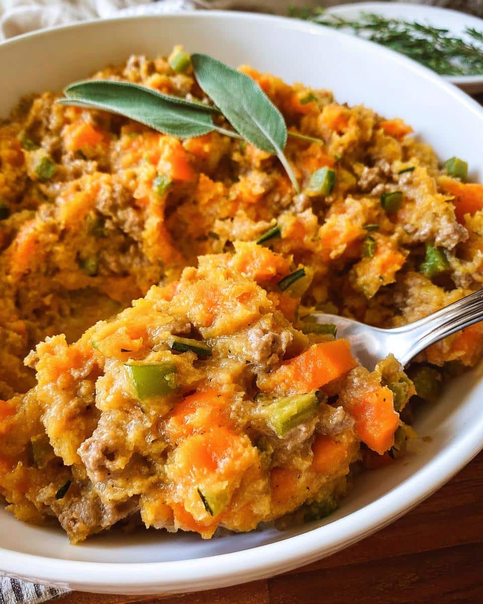 A spoonful of Homemade Dog Food in the Crockpot mixture, featuring sweet potato, ground meat, and green vegetables, garnished with sage.