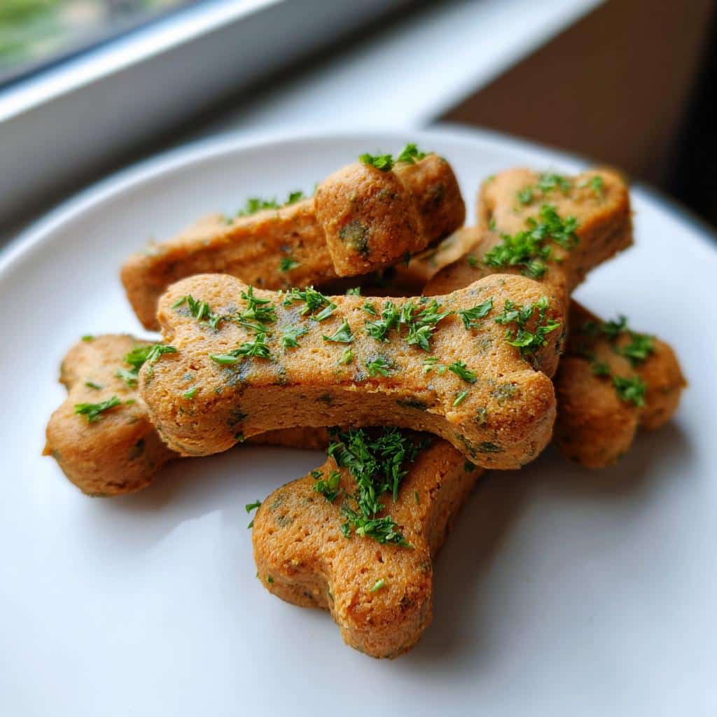 Pile of homemade bone-shaped dog treats sprinkled with fresh parsley, related to Greenies for dogs.