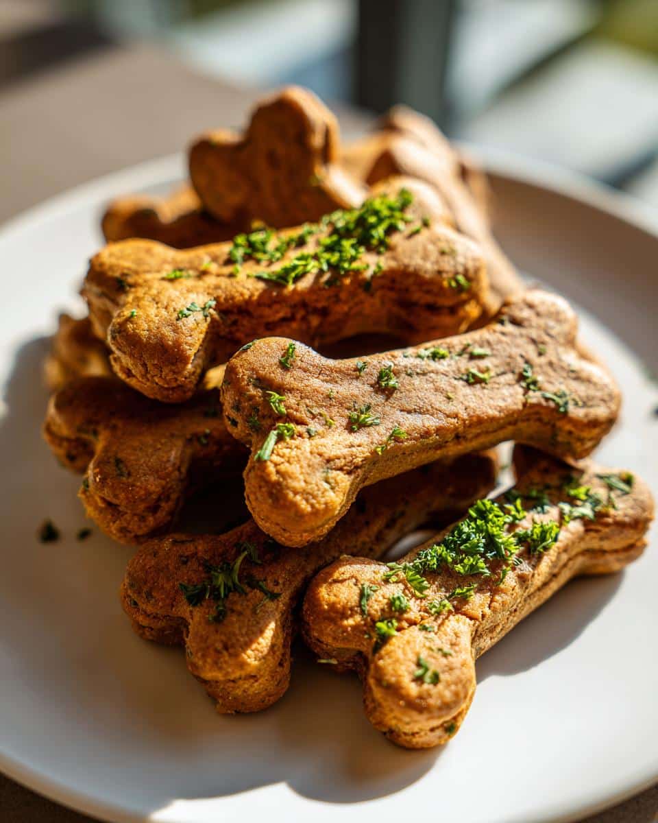 A pile of homemade bone-shaped dog treats, possibly Greenies for dogs, sprinkled with fresh parsley.