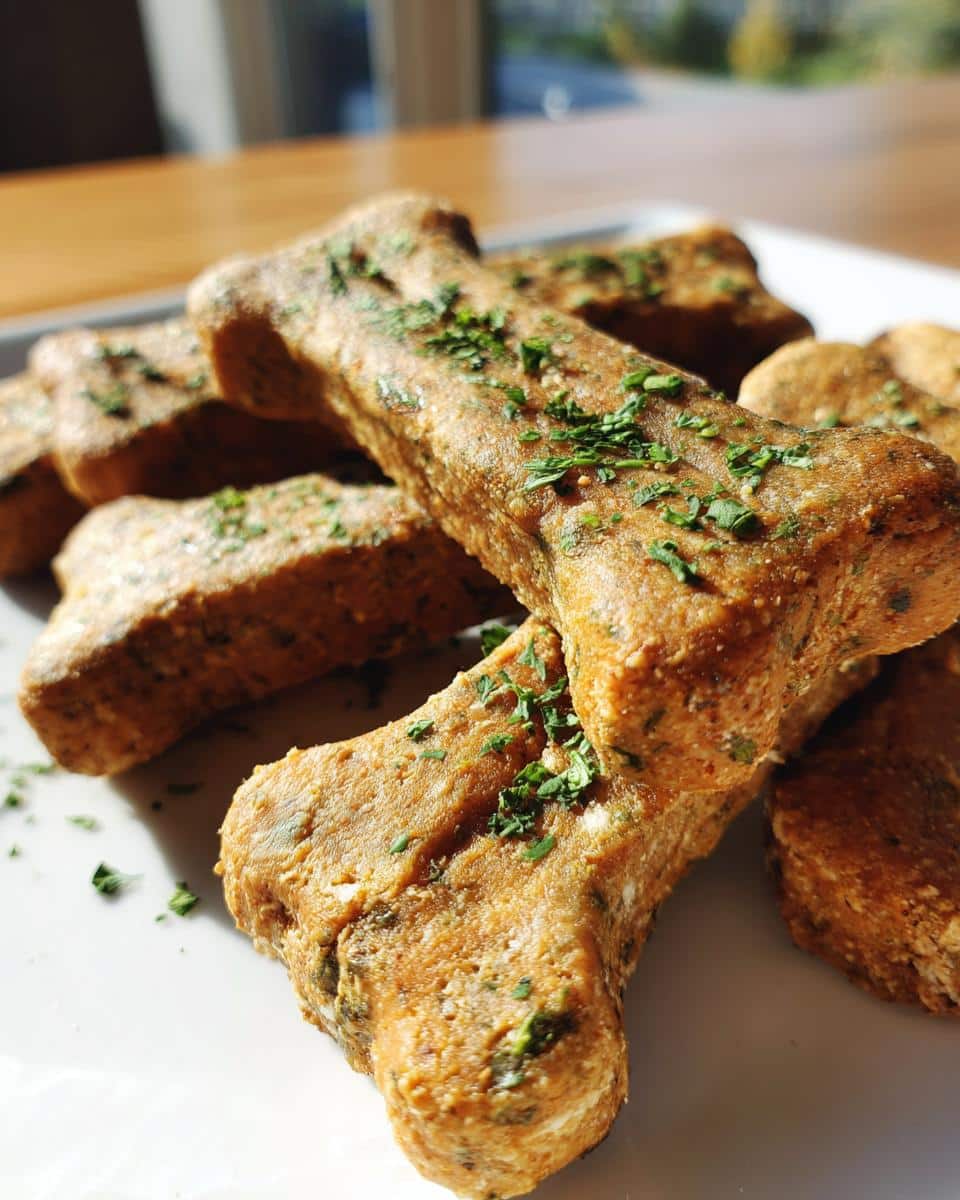 Close-up of homemade, bone-shaped Greenies for dogs, sprinkled with fresh green herbs for fresh breath.