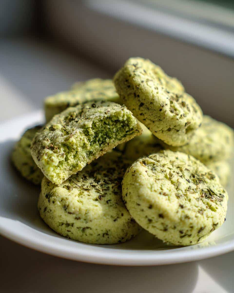 Close-up of light green, round mint pet treats stacked on a white plate, one broken open showing the interior.