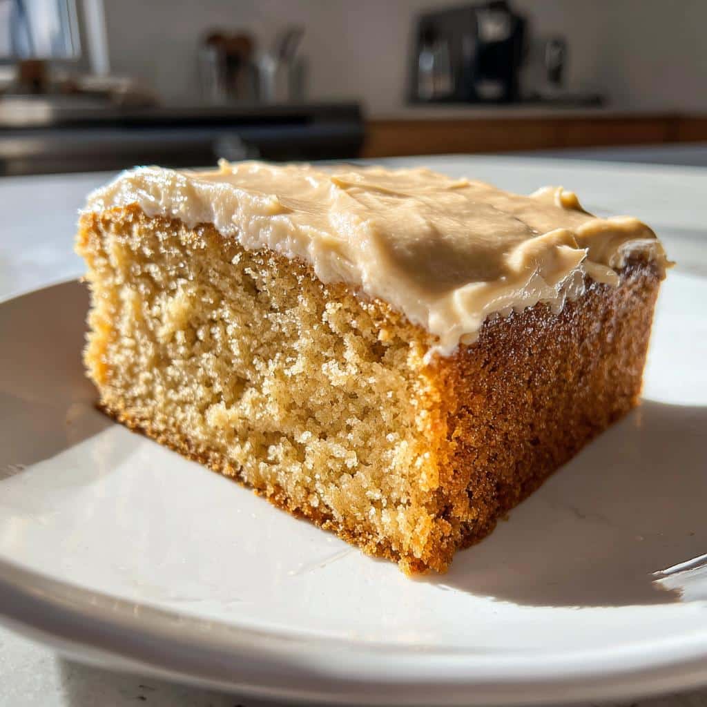A close-up slice of Homemade Peanut Butter Dog Cake with thick peanut butter frosting on a white plate.