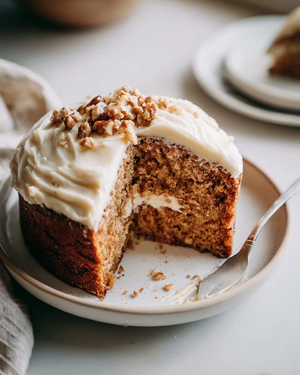 A slice taken out of a small, round Homemade Peanut Butter Dog Cake topped with white frosting and chopped nuts.