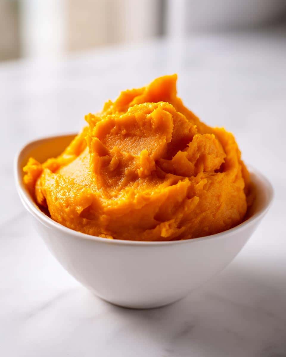 A close-up of bright orange, fluffy homemade pumpkin puree served in a small white bowl.