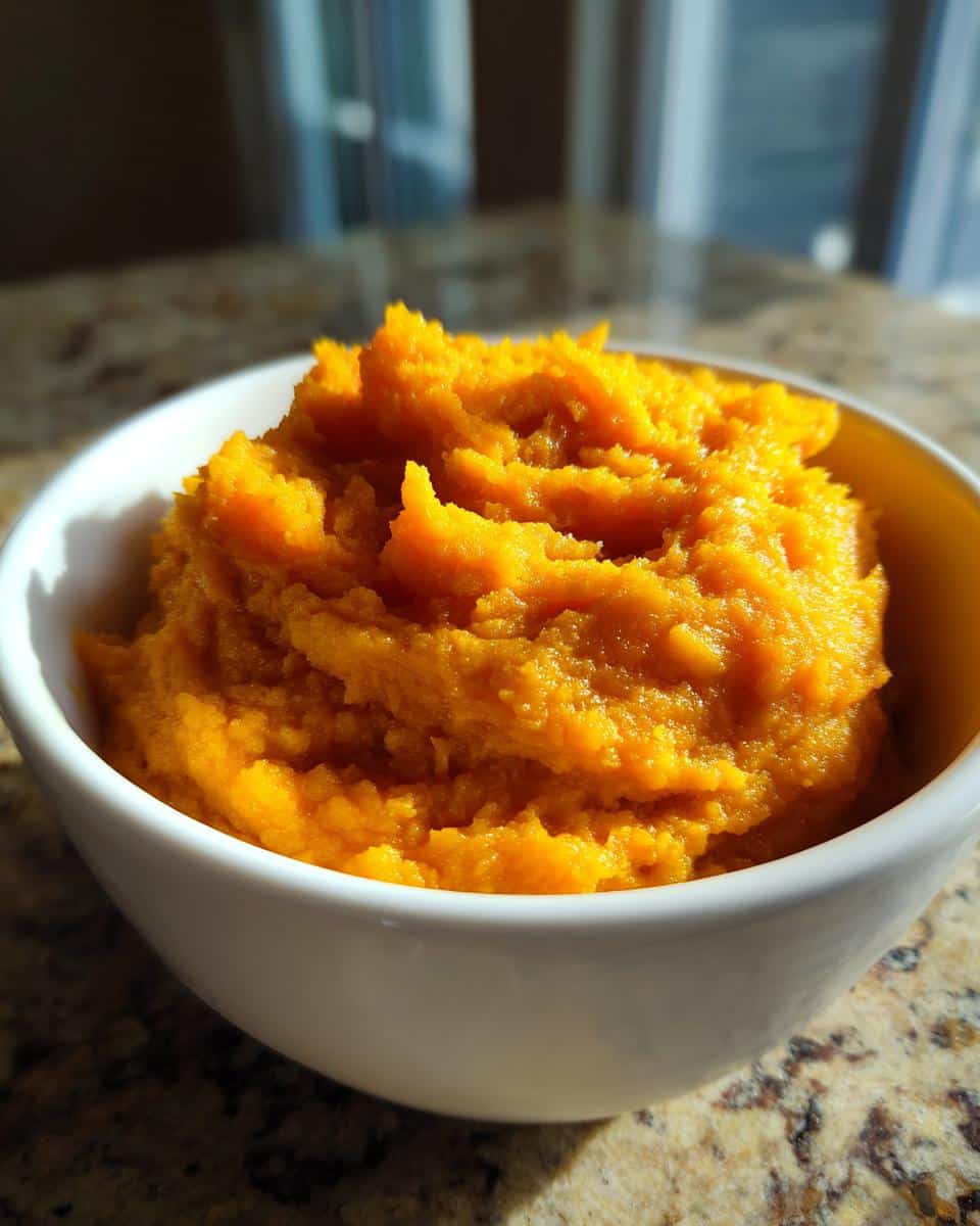 A close-up of vibrant orange homemade Pumpkin Puree mounded high in a small white bowl on a granite countertop.