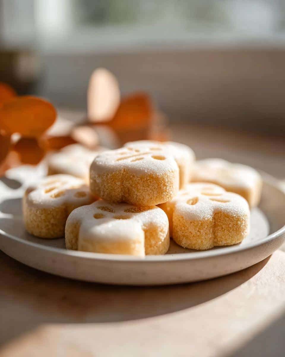 Close-up of several homemade yogurt dog treats, shaped like small flowers or bones, stacked on a light-colored plate.