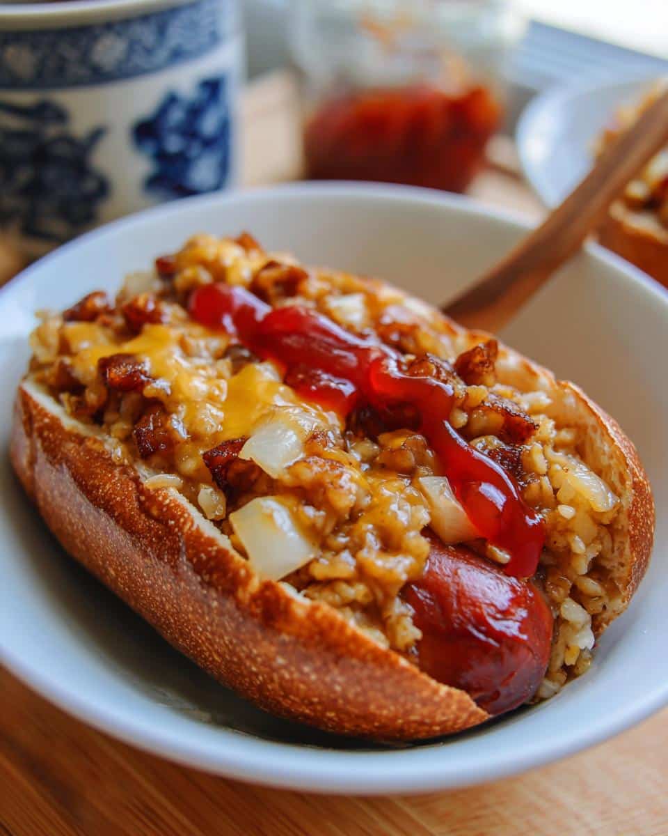 Close-up of a chili dog with melted cheese and ketchup in a white bowl, despite the article context being Mashed Veggie Senior Dog Bowl.