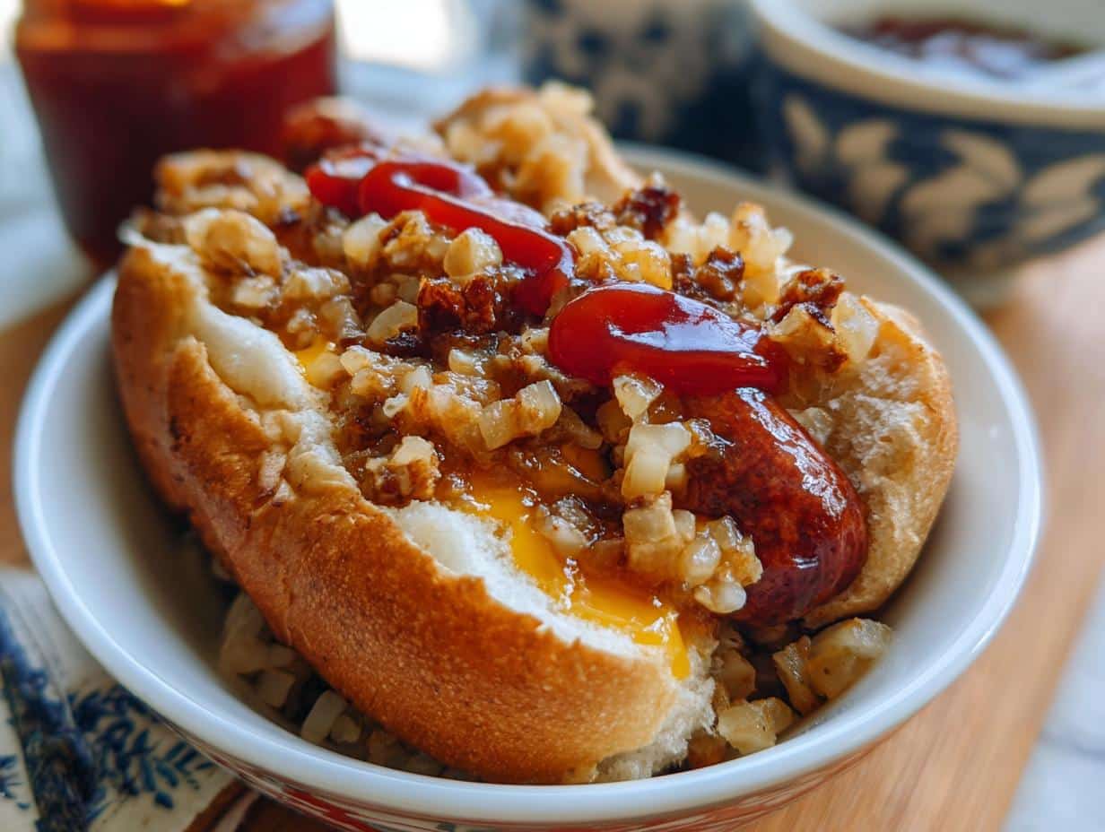 Close-up of a hot dog in a bun, topped with chili, onions, and ketchup, served in a small bowl.