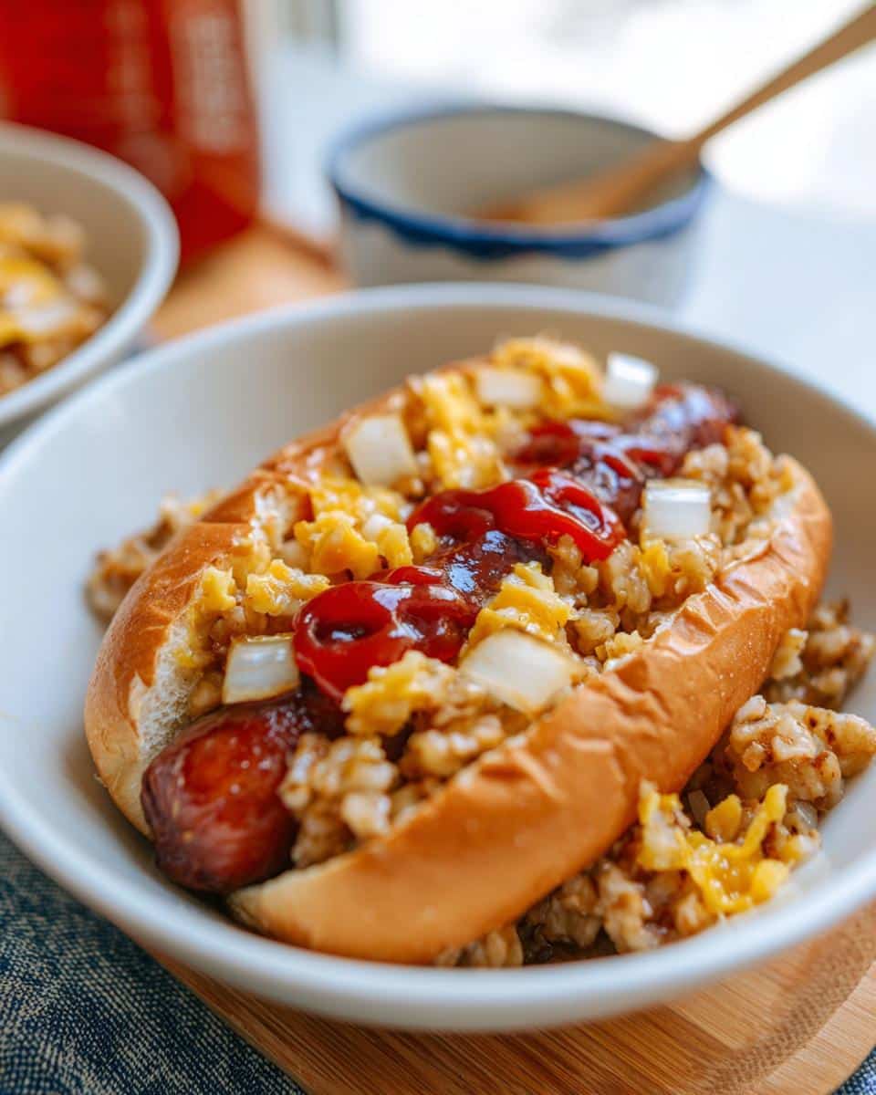 Close-up of a hot dog in a bun, topped with a mashed veggie senior dog bowl mixture, ketchup, and onions.