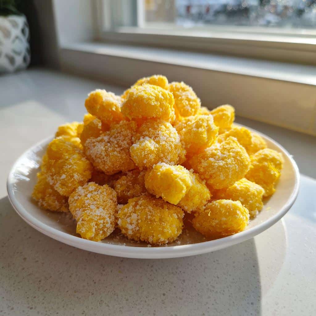 A white plate piled high with bright yellow Lemon Puppy Chow dusted generously with powdered sugar.