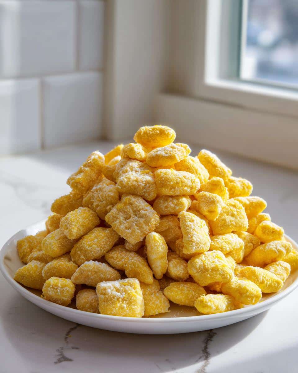 A large mound of bright yellow, powdered Lemon Puppy Chow piled high on a white plate.