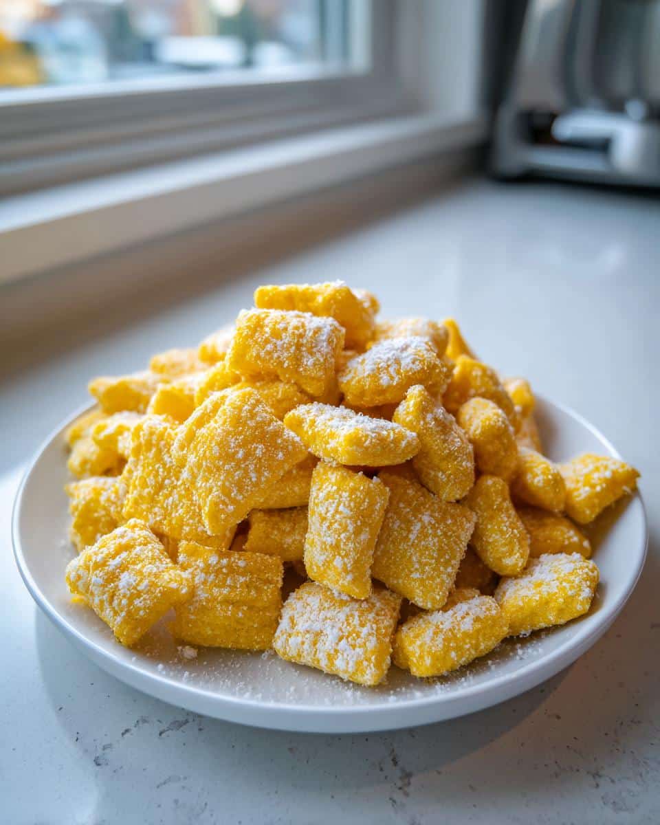 A white plate piled high with bright yellow Lemon Puppy Chow dusted heavily with powdered sugar.