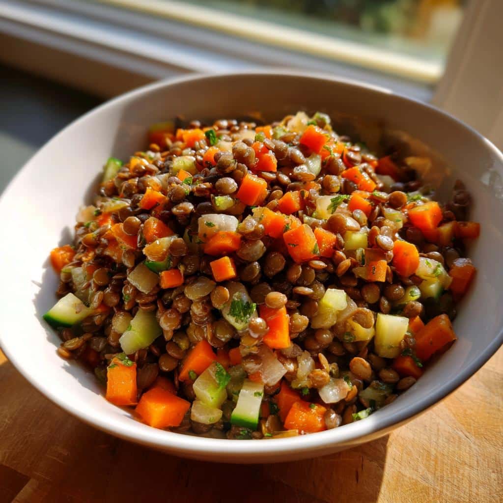 Close-up of a white bowl filled with a warm Lentil and Veggie Mix featuring brown lentils, diced carrots, and zucchini.