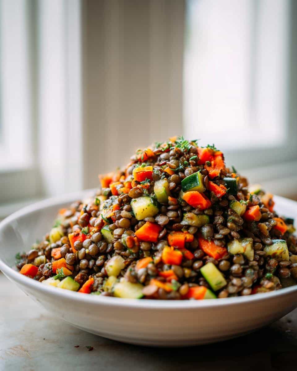 A large serving of a vibrant Lentil and Veggie Mix featuring brown lentils, diced carrots, and zucchini, piled high in a white bowl.