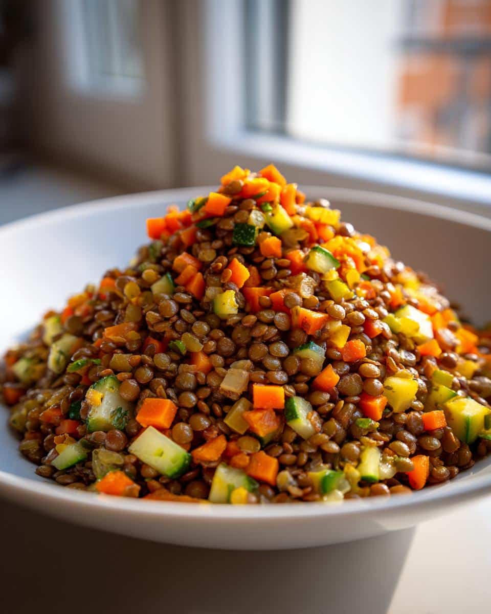 A mound of cooked lentils mixed with diced carrots and zucchini, forming a vibrant Lentil and Veggie Mix in a white bowl.