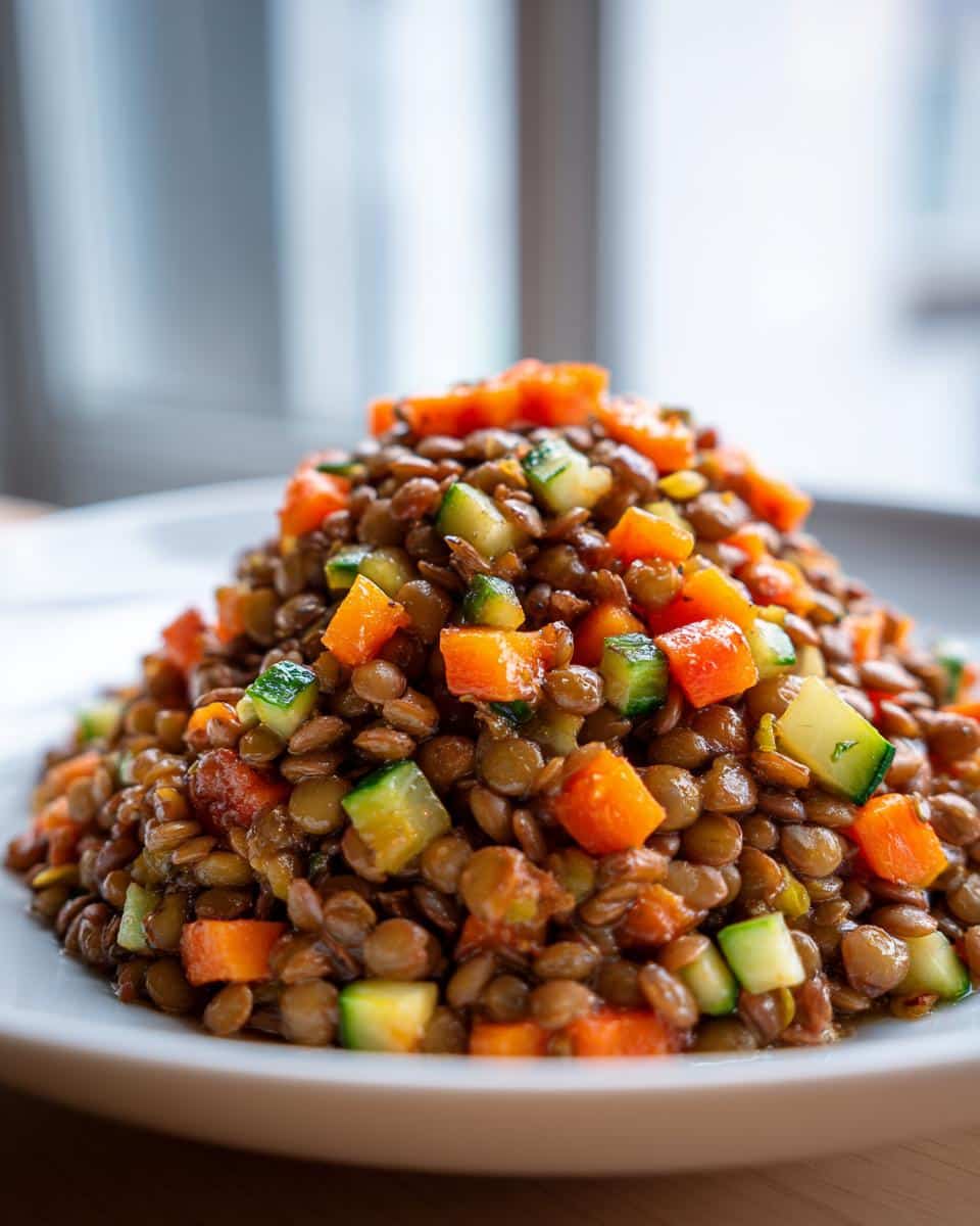 A mound of savory Lentil and Veggie Mix featuring brown lentils, diced orange carrots, and green zucchini on a white plate.