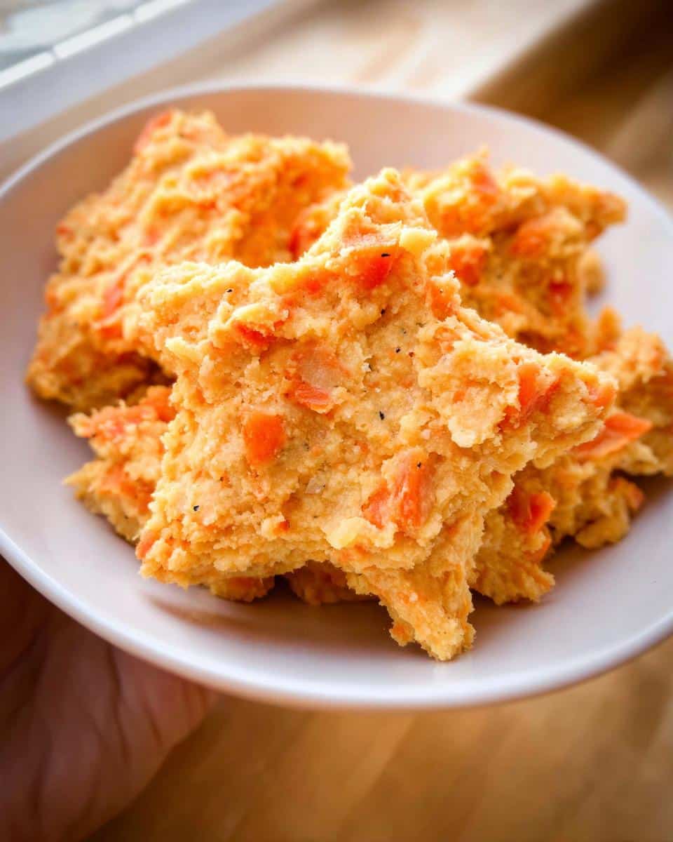 Close-up of star-shaped portions of soft Lentil Veggie Mash for Seniors with visible orange carrot pieces.