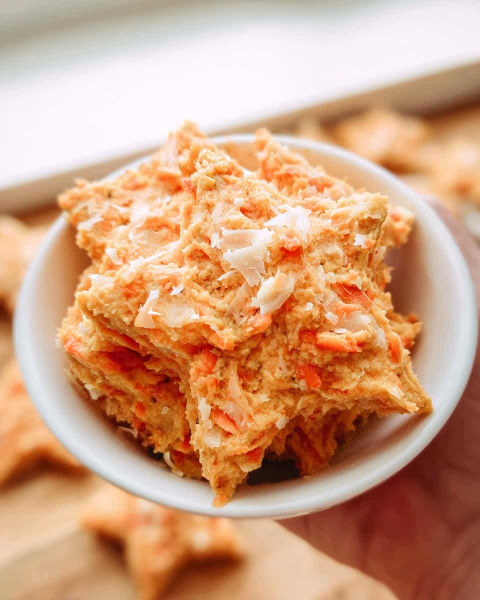Close-up of star-shaped portions of orange Lentil Veggie Mash for Seniors topped with white flakes.