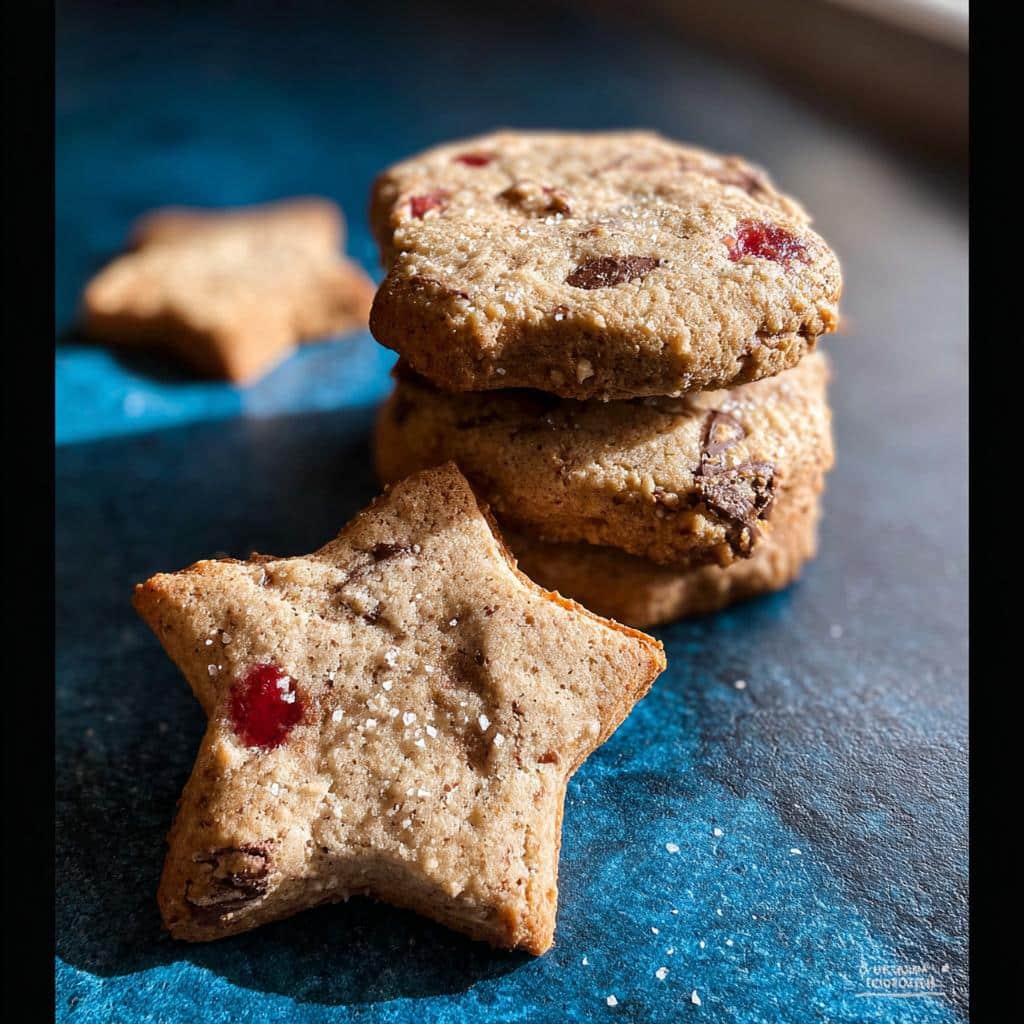 A star-shaped Maraschino Cherry Chocolate Chip Cookie sits in the foreground next to a stack of round cookies on a dark blue surface.