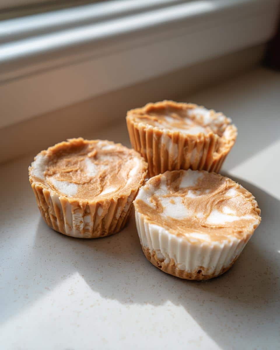 Three homemade Mini Peanut Butter Cups for Dogs sitting on a white countertop near a window.