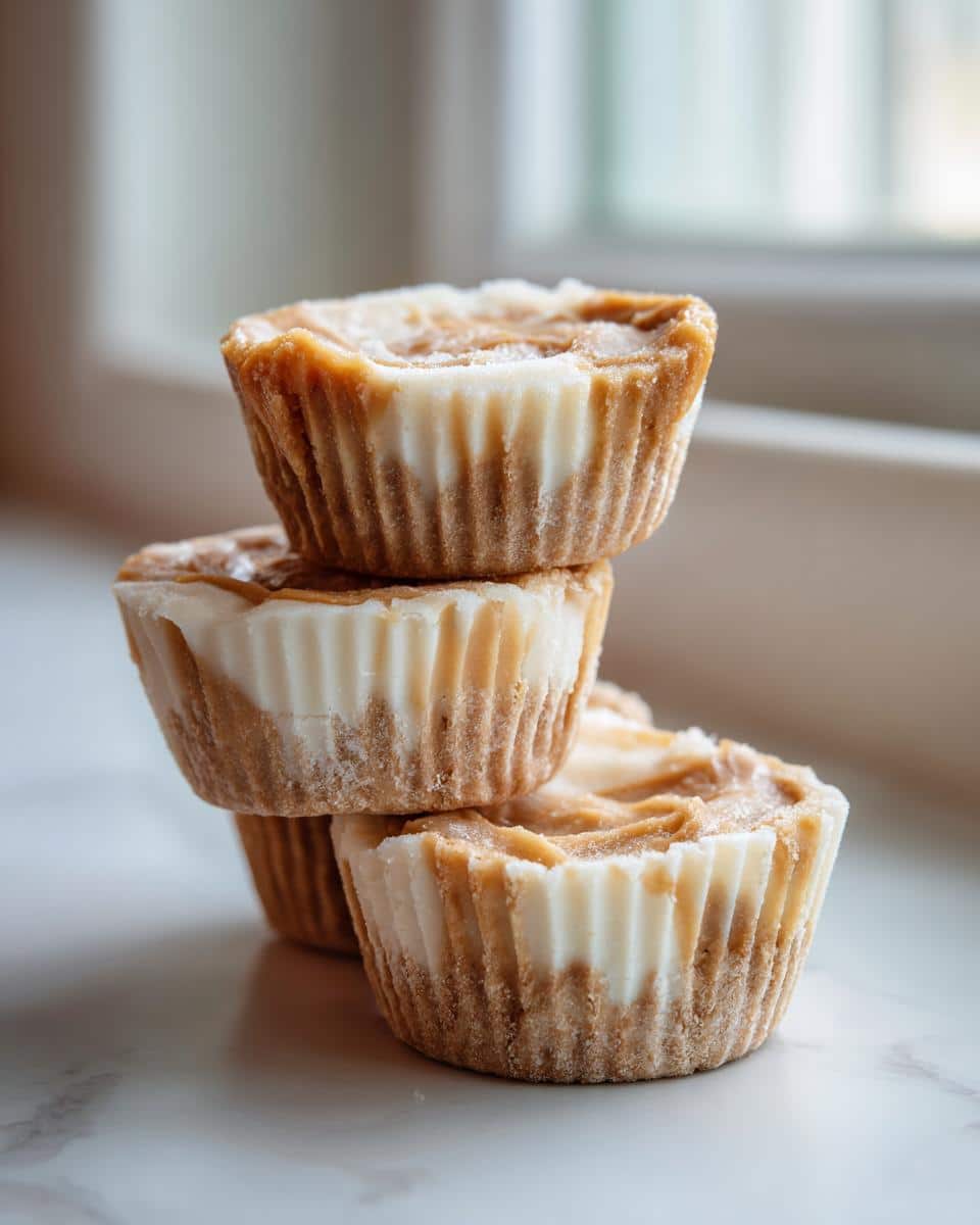 A stack of three homemade Mini Peanut Butter Cups for Dogs, featuring white and peanut butter layers.