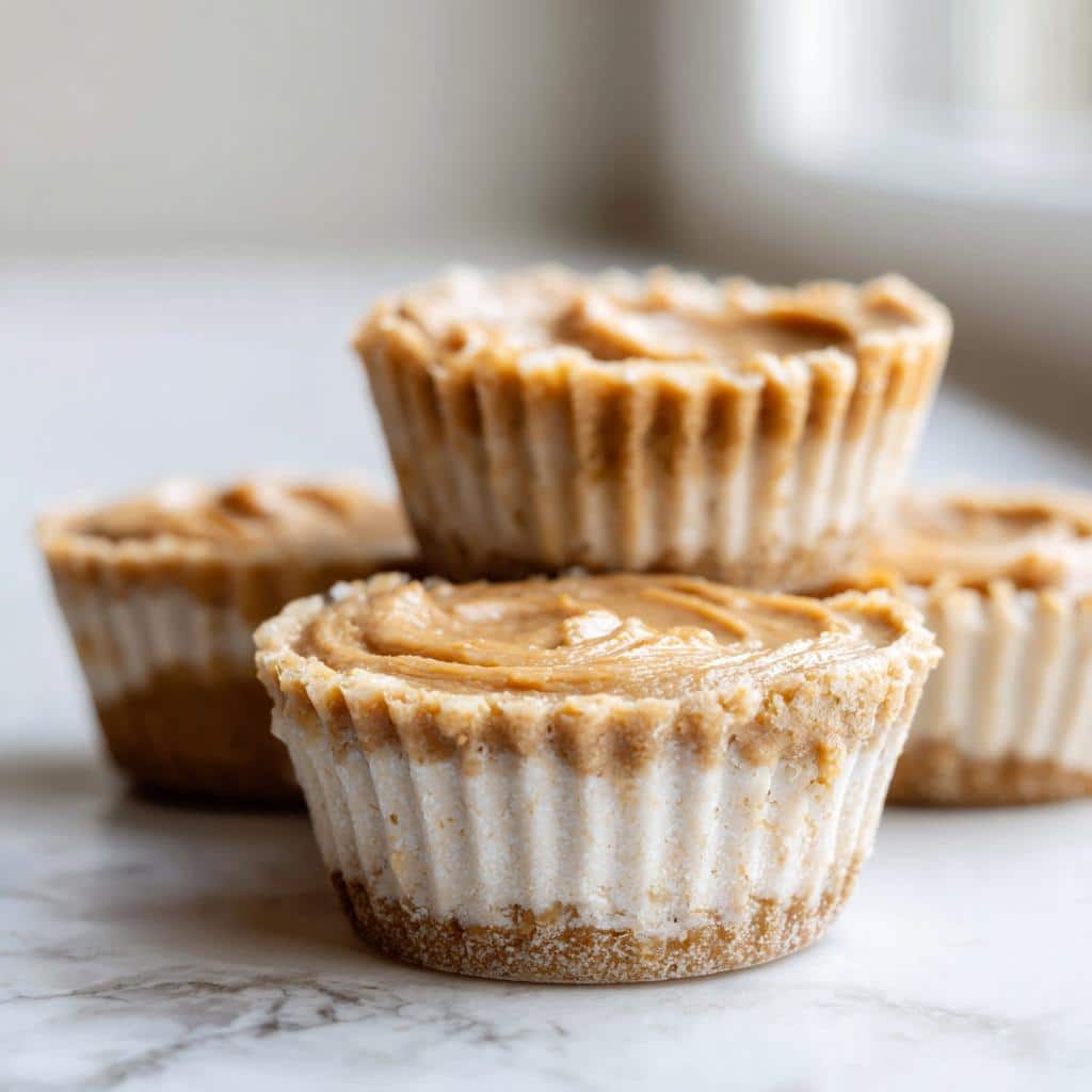 Four homemade Mini Peanut Butter Cups for Dogs stacked on a white marble surface, featuring a light base and creamy peanut butter topping.