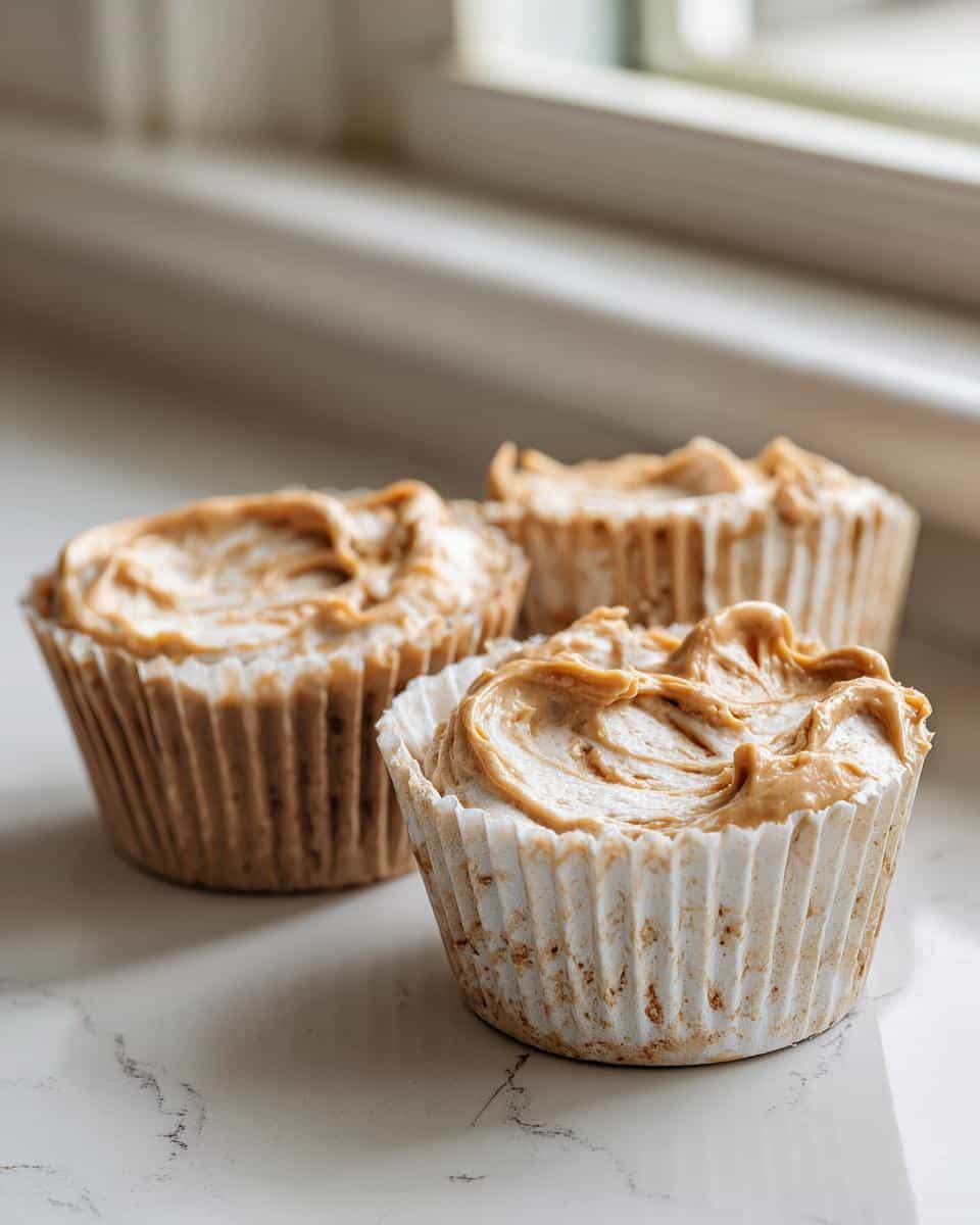 Three homemade Mini Peanut Butter Cups for Dogs sitting in paper liners on a white marble countertop.