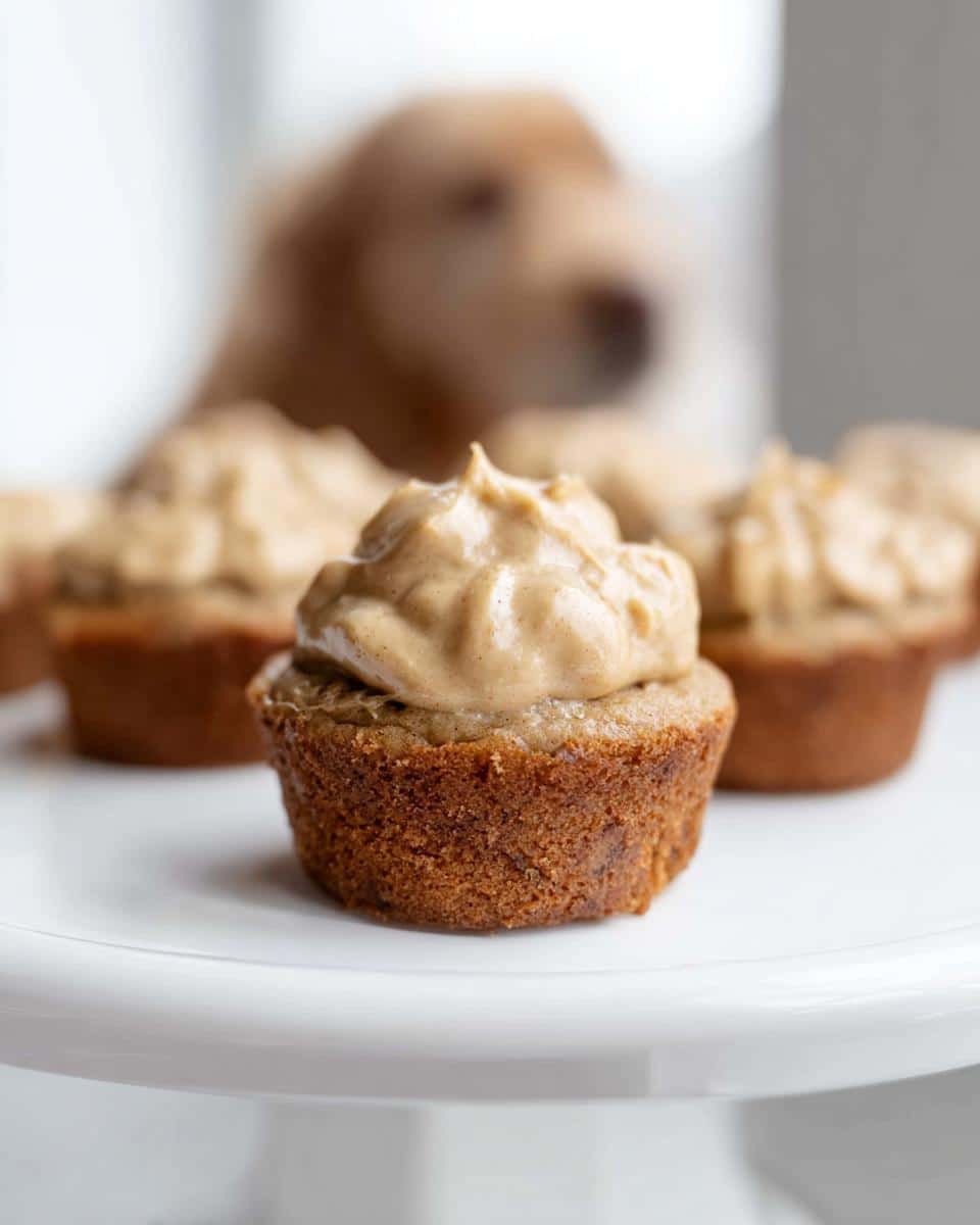 A single Mini Pupcake with Peanut Butter & Banana frosting sits on a white stand, with a blurry dog in the background.