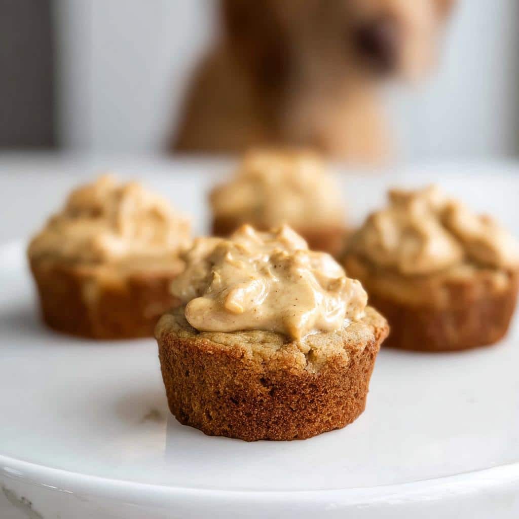 A close-up of one Mini Pupcake with Peanut Butter & Banana frosting, with three others blurred in the background and a dog looking on.
